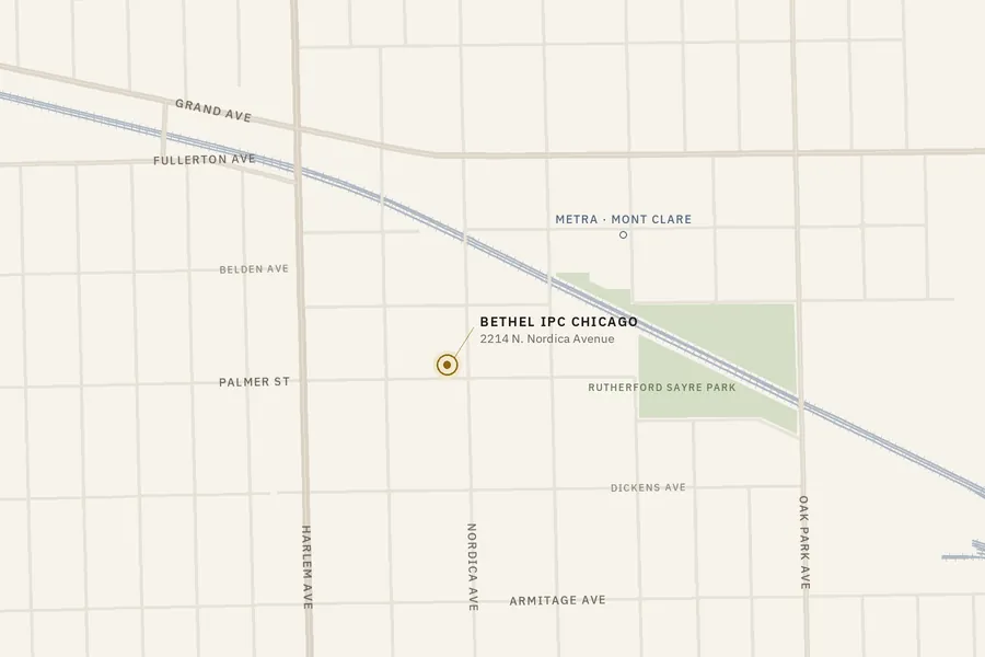 Map: Bethel IPC Chicago at Nordica Avenue and Palmer Street, east of Harlem Avenue, south of Grand Avenue and the Metra Mont Clare station.